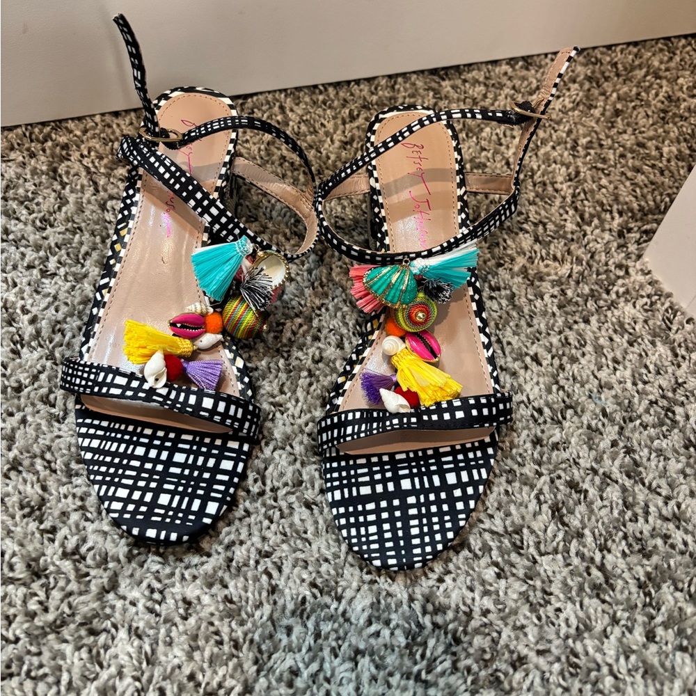 Betsey Johnson Black and White Strappy Sandals with Colorful Tassels